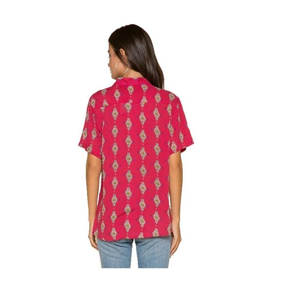 Raga Small Alice Button Down Short Sleeve Boyfriend Medallion Shirt Viscose - Picture 2 of 10